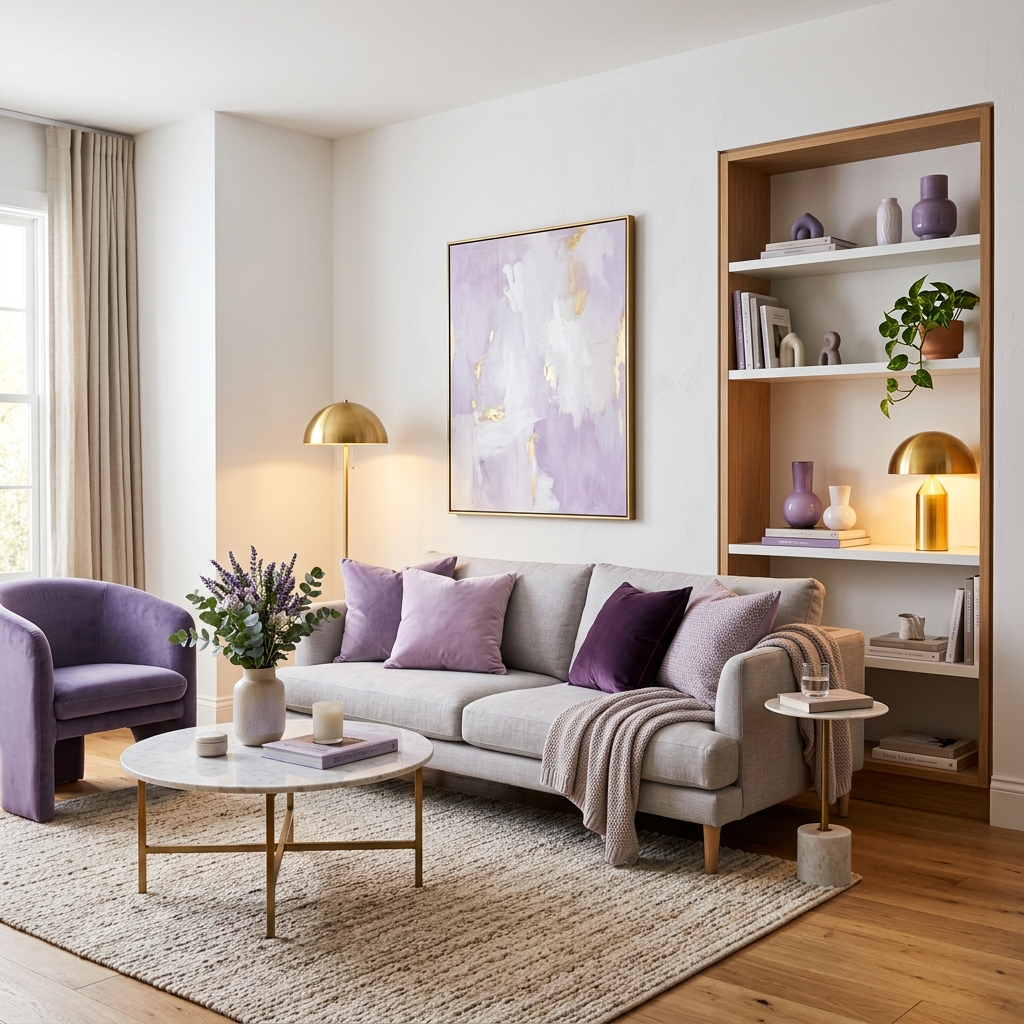 Modern living room with lavender accents